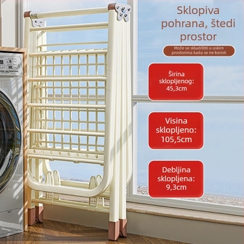 Stalak za sušenje rublja na podu – dvostruki stupovi, debela karbonska čelična konstrukcija, sklopiva, prijenosna, za unutarnji i vanjski balkon, model 7945