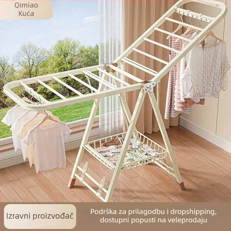 Stalak za sušenje rublja na podu – dvostruki stupovi, debela karbonska čelična konstrukcija, sklopiva, prijenosna, za unutarnji i vanjski balkon, model 7945