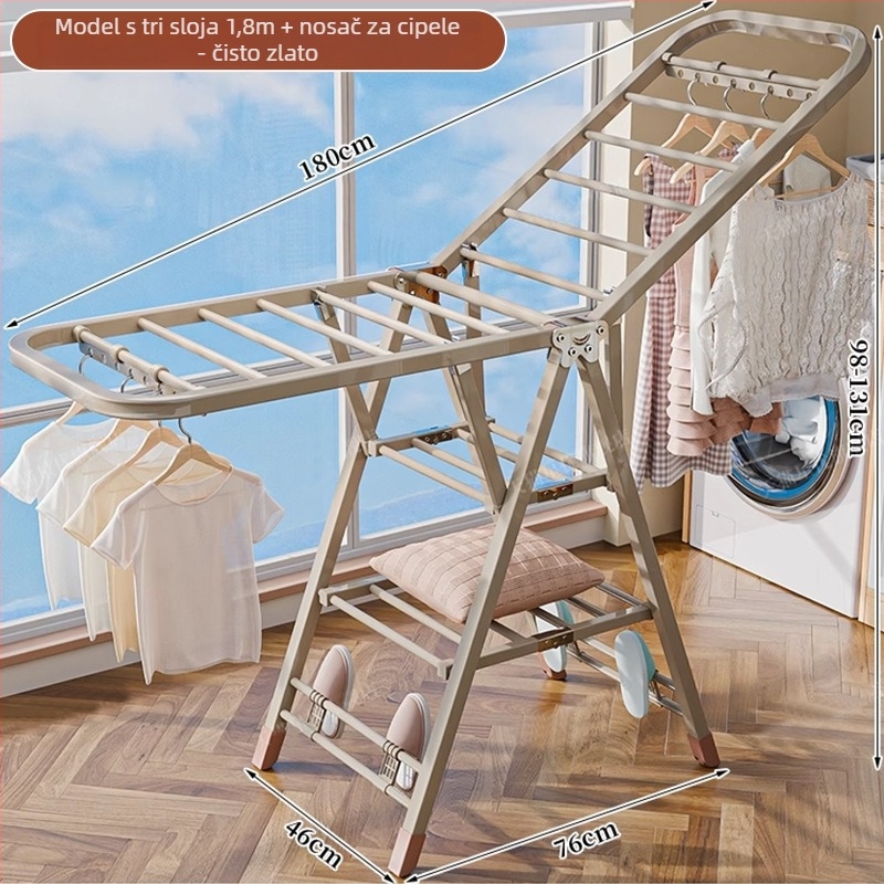 Stalak za sušenje rublja na podu – dvostruki stupovi, debela karbonska čelična konstrukcija, sklopiva, prijenosna, za unutarnji i vanjski balkon, model 7945