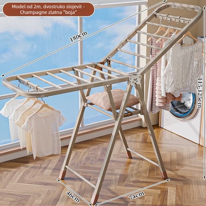 Stalak za sušenje rublja na podu – dvostruki stupovi, debela karbonska čelična konstrukcija, sklopiva, prijenosna, za unutarnji i vanjski balkon, model 7945