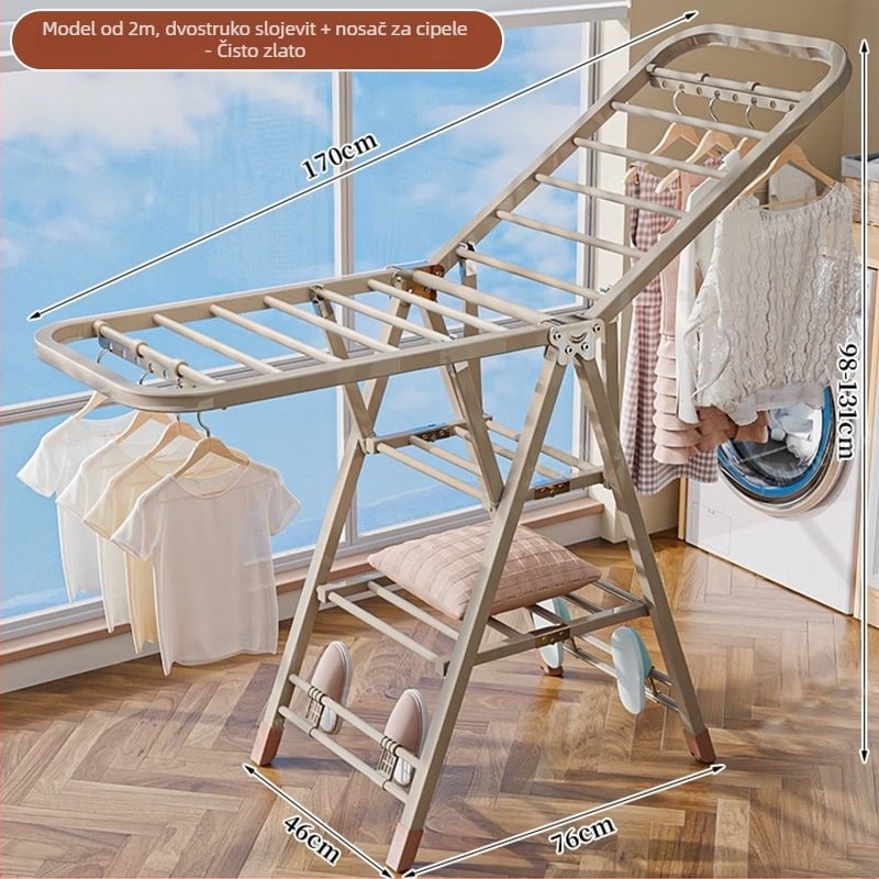 Stalak za sušenje rublja na podu – dvostruki stupovi, debela karbonska čelična konstrukcija, sklopiva, prijenosna, za unutarnji i vanjski balkon, model 7945