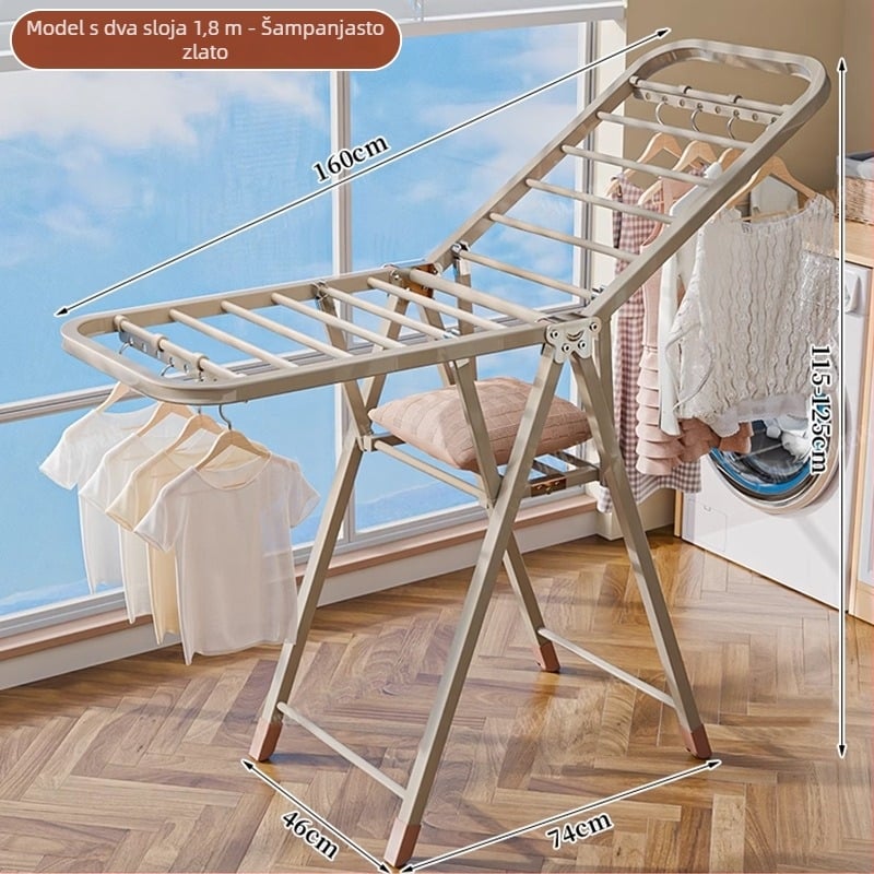 Stalak za sušenje rublja na podu – dvostruki stupovi, debela karbonska čelična konstrukcija, sklopiva, prijenosna, za unutarnji i vanjski balkon, model 7945