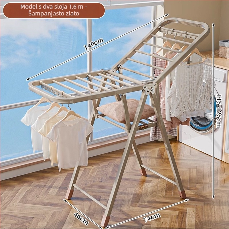 Stalak za sušenje rublja na podu – dvostruki stupovi, debela karbonska čelična konstrukcija, sklopiva, prijenosna, za unutarnji i vanjski balkon, model 7945