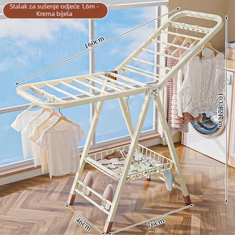 Stalak za sušenje rublja na podu – dvostruki stupovi, debela karbonska čelična konstrukcija, sklopiva, prijenosna, za unutarnji i vanjski balkon, model 7945