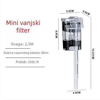 Mini vodopadni filtar za akvarij; tiha pumpa; PVC konstrukcija; težina 0,15 kg; filtracijski materijal: filter vata; USB/AC-DC sučelje