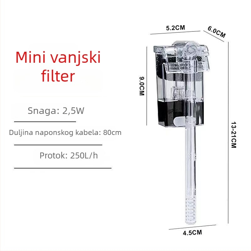 Mini vodopadni filtar za akvarij; tiha pumpa; PVC konstrukcija; težina 0,15 kg; filtracijski materijal: filter vata; USB/AC-DC sučelje