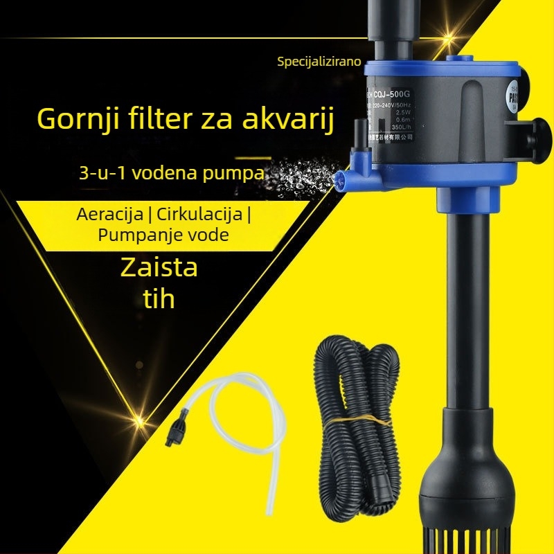 Tri u jedan potopna pumpa za akvarij s filtracijom i aeracijom; plastično kućište; zidni vertikalni dizajn