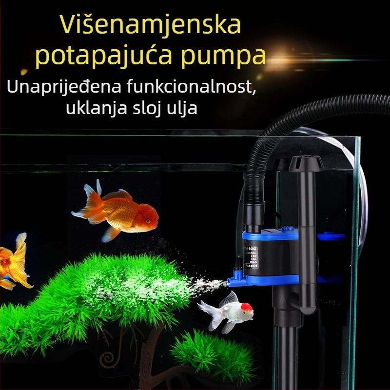 Tri u jedan potopna pumpa za akvarij s filtracijom i aeracijom; plastično kućište; zidni vertikalni dizajn