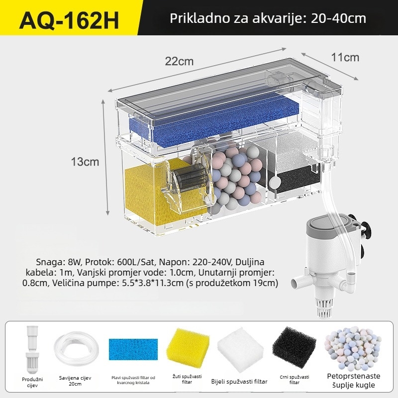 Zidni filter za akvarij s cirkulacijom, 3-u-1 oksigenacija i pročišćavanje vode, plastika, Songbao 22222