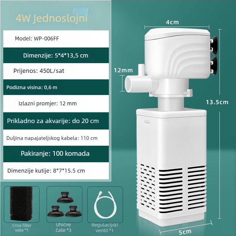 Tri-u-jedno filtar pumpa za akvarij – tiha cirkulacija, plastično kućište, težina 0.2–1 kg