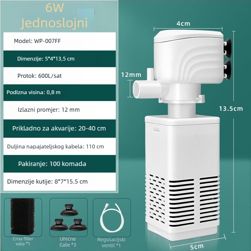 Tri-u-jedno filtar pumpa za akvarij – tiha cirkulacija, plastično kućište, težina 0.2–1 kg