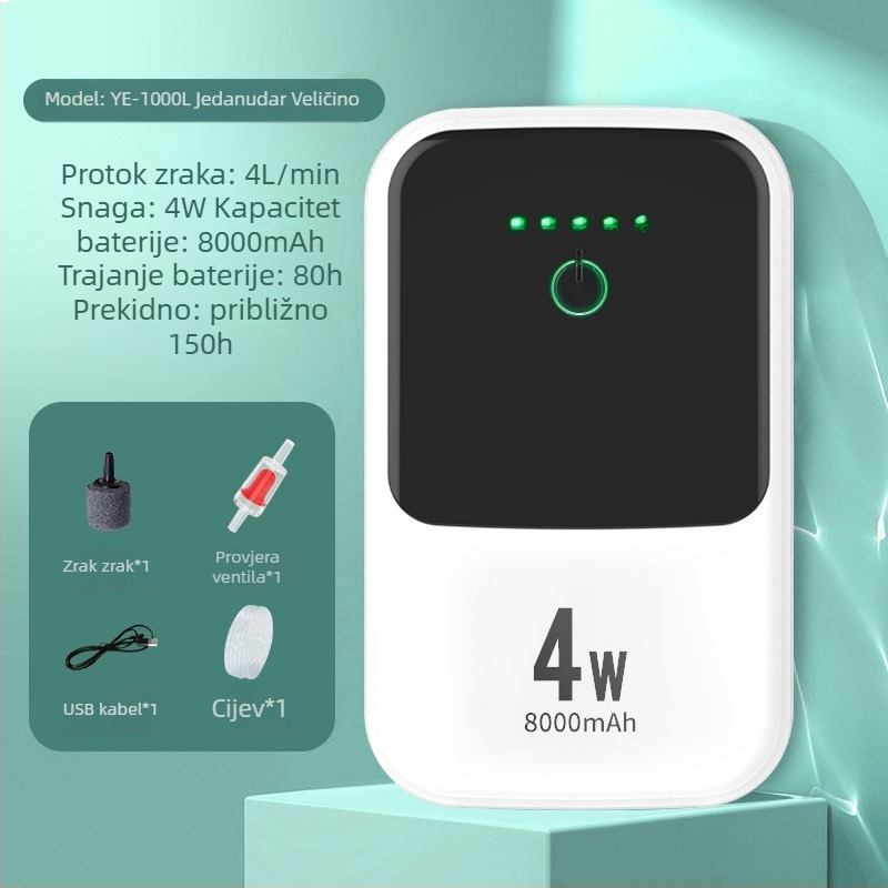 Prijenosna punjiva pumpa za kisik — kompaktna, tiha, dvostruka namjena za vanjski ribolov i kućni uzgoj riba