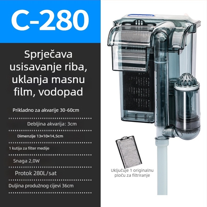 Zidni vanjski filtar za akvarij s 3-u-1 vodopadnom aeracijom i cirkulacijom, za slatkovodne male ribe (plastika; tih rad; bez promjene frekvencije)