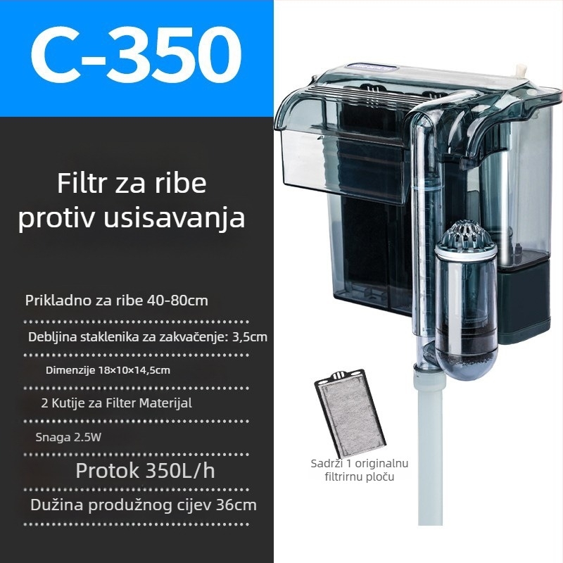 Zidni vanjski filtar za akvarij s 3-u-1 vodopadnom aeracijom i cirkulacijom, za slatkovodne male ribe (plastika; tih rad; bez promjene frekvencije)