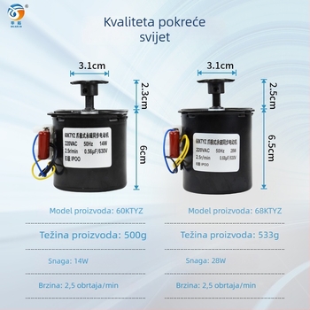 Dodatak za inkubaciju: industrijski motor za preokretanje jaja (60KTYZ sinhroni motor) za inkubatore; kompatibilan s pilićima, gusama, patkama, prepelicama, golubovima; kontrola temperature 0–99°C; prilagodljiva obrada