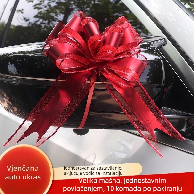 Vjenčani ukras za automobil — Velika mašna za kljućke vrata, traka i cvijet za izvlačenje (Materijal: plastika; Namjena: vjenčanje; Kategorija: rekviziti za uređenje prostora)