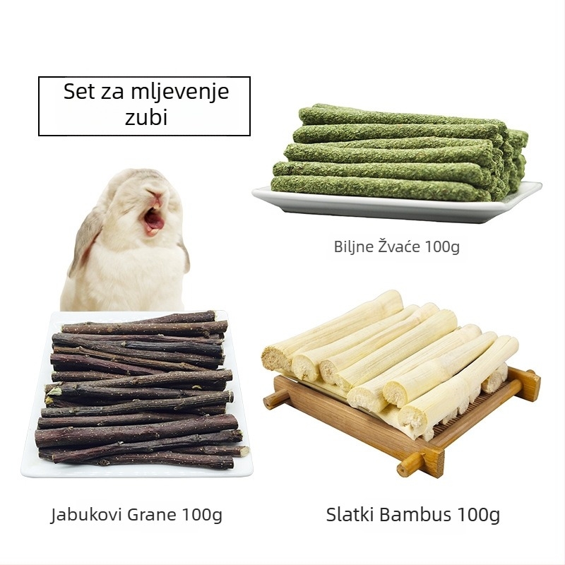 Trodijelni set za zube kućnih ljubimaca: bambus štapići, jabčne grančice i travne štapiće; suha hrana, 300 g, marka Radish Valley