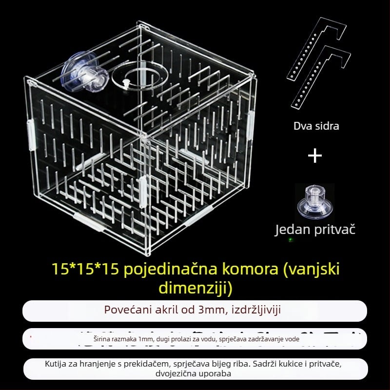 Akril kutija za inkubaciju u akvariju – višestruka funkcija, izolirani mladi riba i kozica, sastavljena