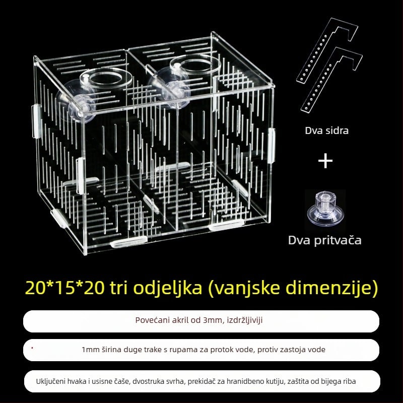 Akril kutija za inkubaciju u akvariju – višestruka funkcija, izolirani mladi riba i kozica, sastavljena