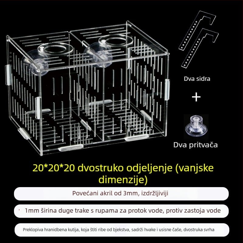 Akril kutija za inkubaciju u akvariju – višestruka funkcija, izolirani mladi riba i kozica, sastavljena