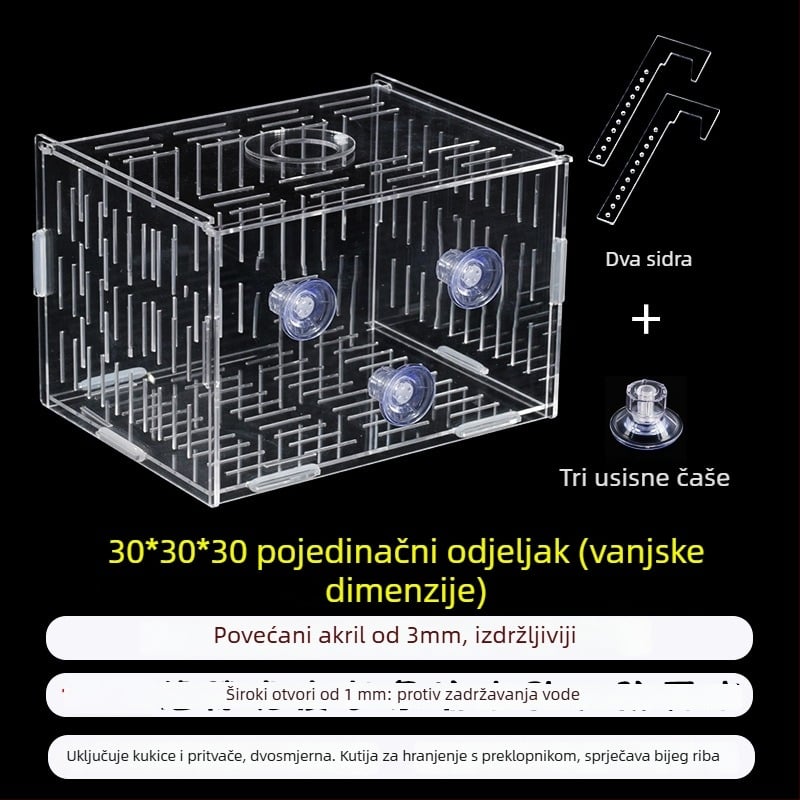 Akril kutija za inkubaciju u akvariju – višestruka funkcija, izolirani mladi riba i kozica, sastavljena