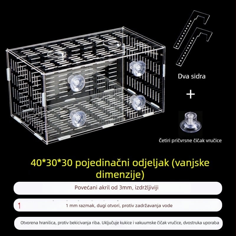 Akril kutija za inkubaciju u akvariju – višestruka funkcija, izolirani mladi riba i kozica, sastavljena