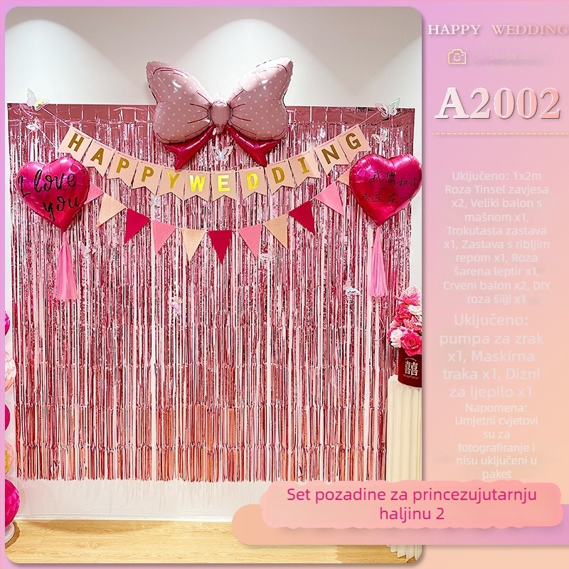 Pozadina svadbene prostorije – romantična atmosfera, ukrasi od traka, plastični materijal, pogodna za vjenčane proslave