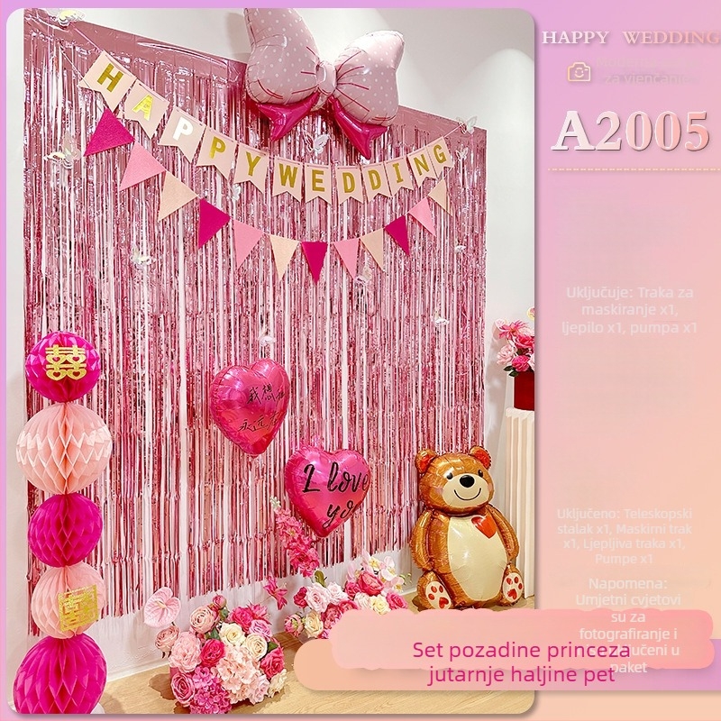 Pozadina svadbene prostorije – romantična atmosfera, ukrasi od traka, plastični materijal, pogodna za vjenčane proslave