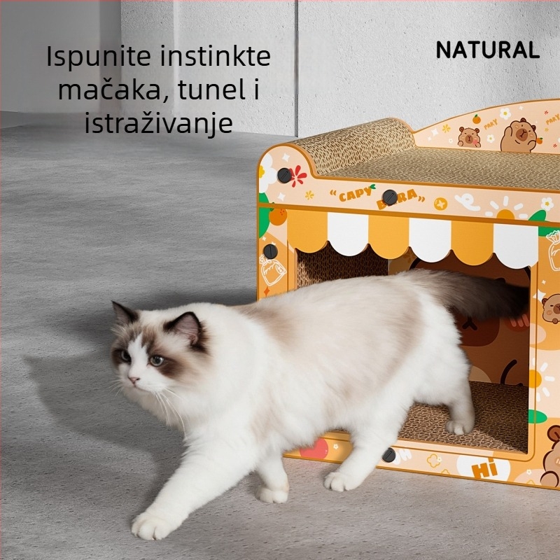 Mačje gnijezdo s daskom za grebanje od valovitog kartona, crtani stil, 1 kom