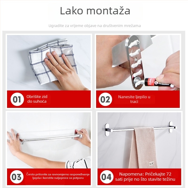 Držač ručnika od nehrđajućeg čelika, zidni, bez bušenja, kromirani završni premaz, s jednim šipom