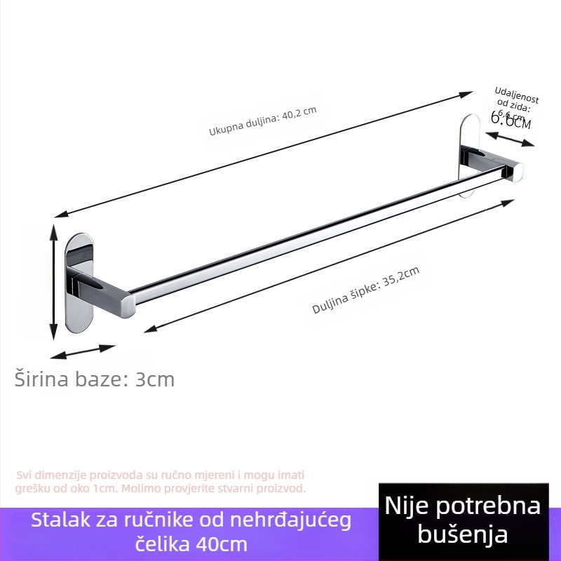 Držač ručnika od nehrđajućeg čelika, zidni, bez bušenja, kromirani završni premaz, s jednim šipom