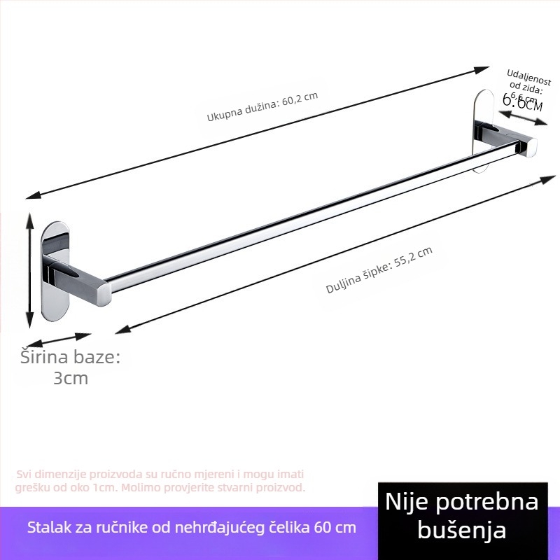 Držač ručnika od nehrđajućeg čelika, zidni, bez bušenja, kromirani završni premaz, s jednim šipom