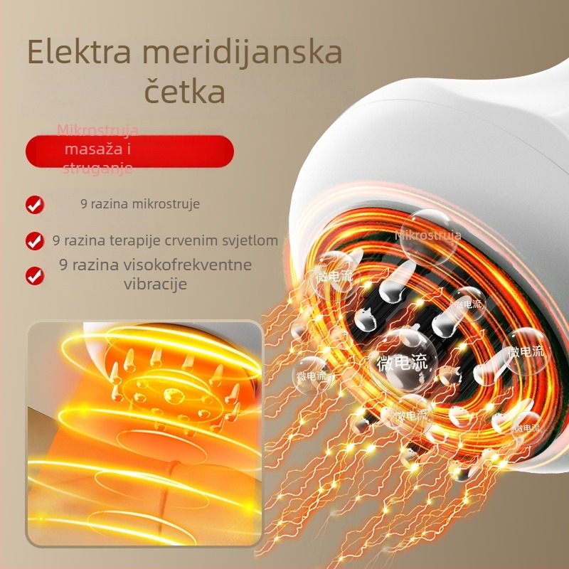 Električni masažer meridijana s vibracijom i grijanjem, model pk6103; napajanje: ponovno punjiva baterija; pogodan za vrat, leđa, bok, noge i gornji dio ruke; upravljanje gumbima; težina 300 g; uključuje upute i esencijalna ulja