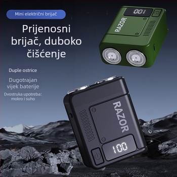 Mali električni brijač s rotirajućom glavom i dvije oštrice, USB punjenje, ugrađena baterija 300–500 mAh, trajanje od 30 minuta