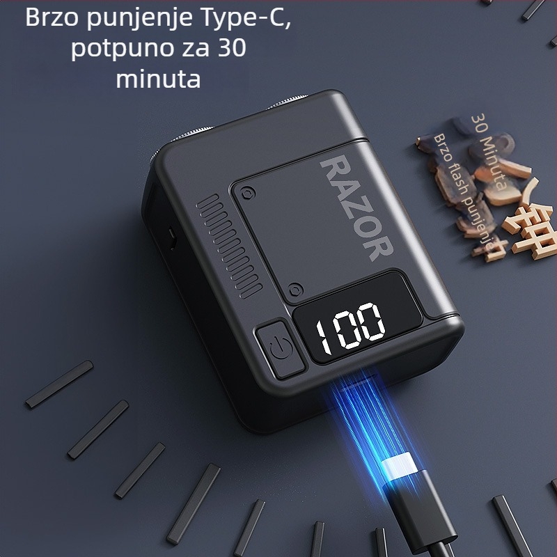 Mali električni brijač s rotirajućom glavom i dvije oštrice, USB punjenje, ugrađena baterija 300–500 mAh, trajanje od 30 minuta