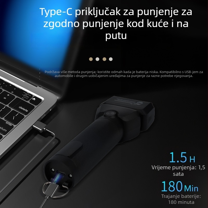 Električni brijač s cijelim metalnim tijelom, lebdeća glava s dvije oštrice, periva odvojiva glava, ugrađena baterija 500–800 mAh, trajanje više od 60 minuta