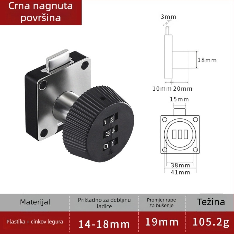 Mehanički bravi s lozinkom za uredski namještaj – Model 138; Materijal: cinkova legura i plastika; Pogodno za ladice, arhivske ormariće i ormariće; Skrivena ugradnja