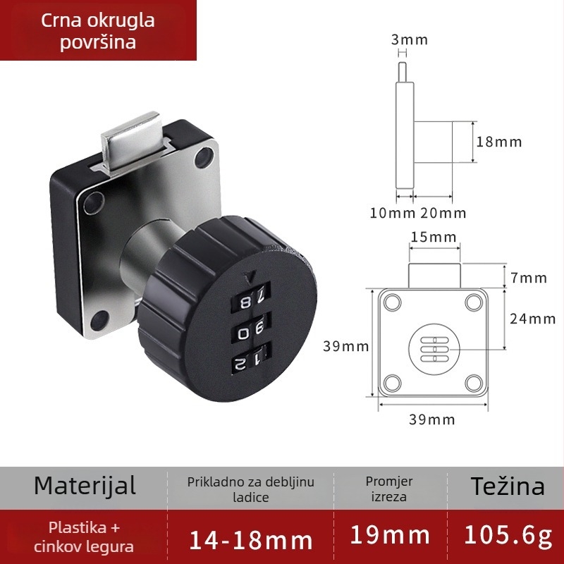 Mehanički bravi s lozinkom za uredski namještaj – Model 138; Materijal: cinkova legura i plastika; Pogodno za ladice, arhivske ormariće i ormariće; Skrivena ugradnja