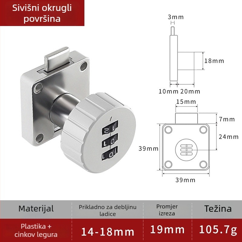 Mehanički bravi s lozinkom za uredski namještaj – Model 138; Materijal: cinkova legura i plastika; Pogodno za ladice, arhivske ormariće i ormariće; Skrivena ugradnja