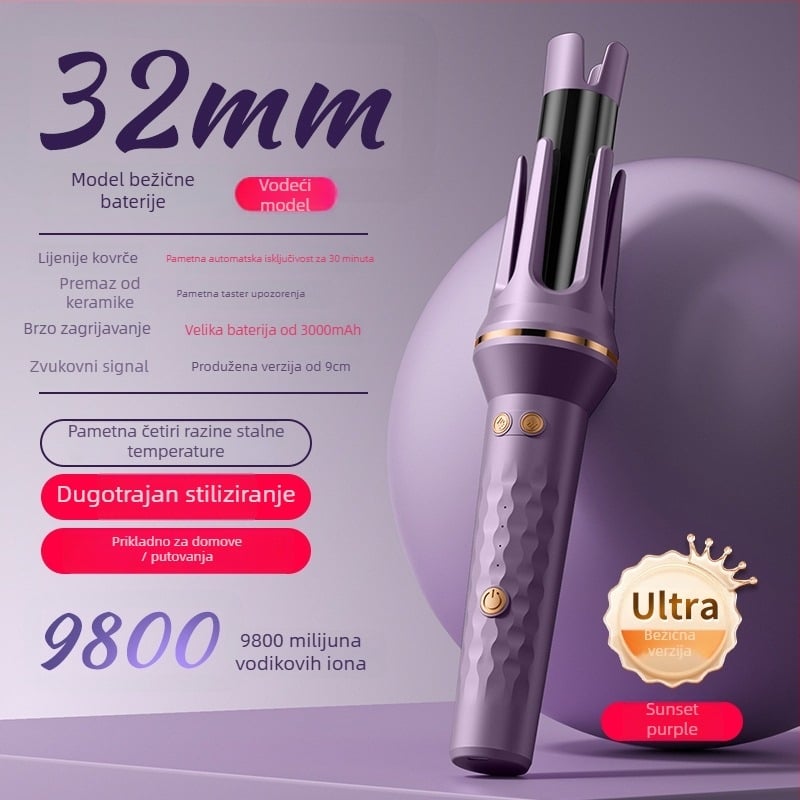 Automatski uvijač za kosu, bežično napajanje s Li-ion baterijom, keramički premaz, kućište od ABS-nylon, 35W, 220V