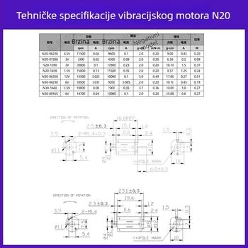 N20 vibracijski motor, mikro motor, 4,5 V DC, 9600 okretaja/min, 0,2 W, 0,1 A