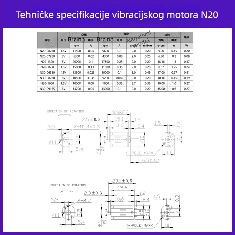 N20 vibracijski motor, mikro motor, 4,5 V DC, 9600 okretaja/min, 0,2 W, 0,1 A