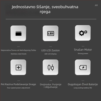 Električna mašinica za šišanje kose, 5 brzina, ugrađena baterija 1200–2000 mAh, odvojiva i periva oštrica od nehrđajućeg čelika, digitalni prikaz