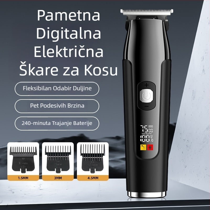 Električna mašinica za šišanje kose, 5 brzina, ugrađena baterija 1200–2000 mAh, odvojiva i periva oštrica od nehrđajućeg čelika, digitalni prikaz