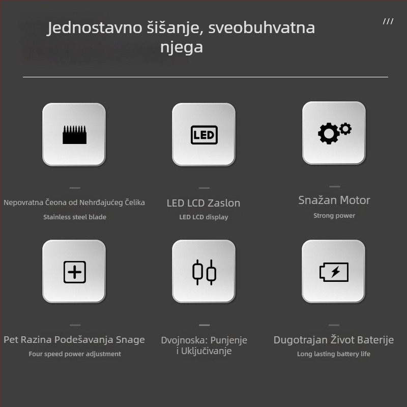 Električna mašinica za šišanje kose, 5 brzina, ugrađena baterija 1200–2000 mAh, odvojiva i periva oštrica od nehrđajućeg čelika, digitalni prikaz