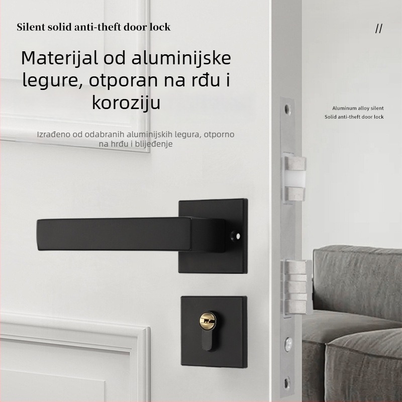 Podijeljeni mehanizam zaključavanja sa ručkom za drvena vrata, aluminijsko tijelo, moderan minimalistički dizajn