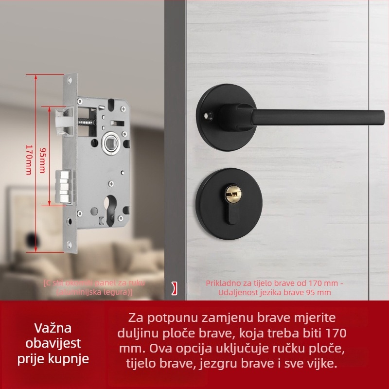Podijeljeni mehanizam zaključavanja sa ručkom za drvena vrata, aluminijsko tijelo, moderan minimalistički dizajn