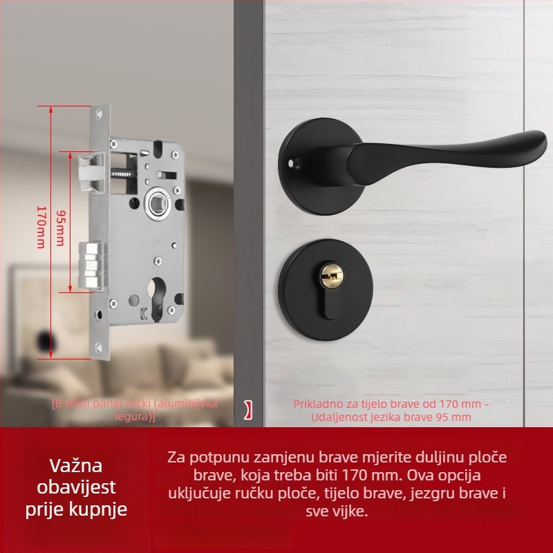 Podijeljeni mehanizam zaključavanja sa ručkom za drvena vrata, aluminijsko tijelo, moderan minimalistički dizajn