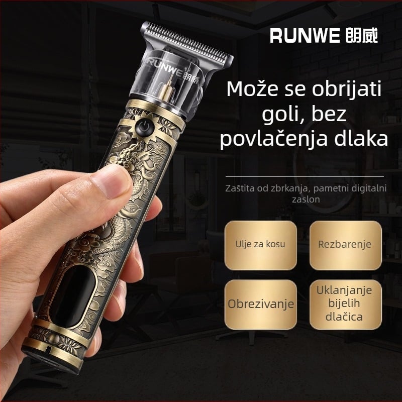Električni uređaj za šišanje kose - punjivi, ugrađena baterija 1200–2000mAh, radno vrijeme 1–3 sata, noževi od nehrđajućeg čelika, glava za rezanje se može prati