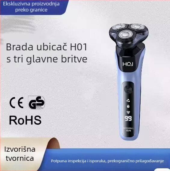 Električni brijač s LED zaslonom, rotativna glavica s 3 oštrice, odvojiva i periva glava, ugrađena punjiva baterija 300–500 mAh, plutajuća glava